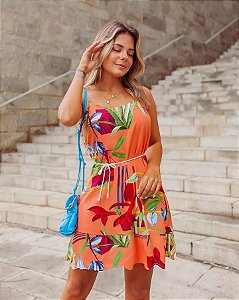 Vestido Curto com Alça Regulável Estampado Laranja