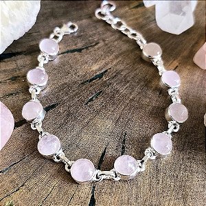 Pulseira Redonda em Prata 925 e Quartzo Rosa