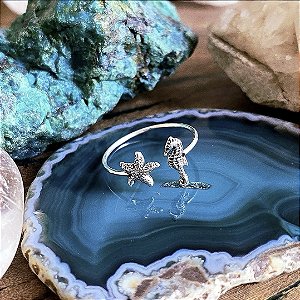 Anel Estrela do Mar e Cavalo Marinho Aberto em Prata 925