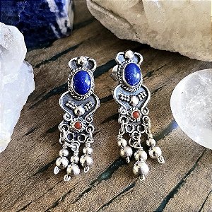 Brinco Boho em Prata 925, Lápis Lazuli e Coral Natural