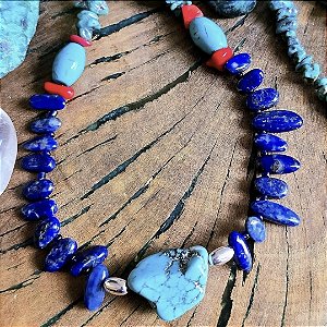 Colar em Prata 925, Lápis Lazuli, Turquesa e Coral Naturais