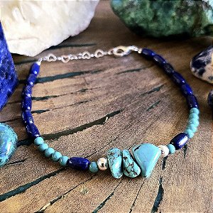 Pulseira em Prata 925, Lápis Lazuli e Turquesa Natural
