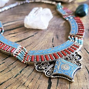 Colar Boho Nepal em Alpaca, Turquesa e Coral Naturais