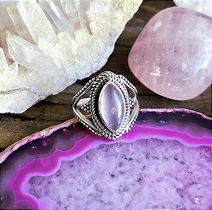 Anel Boho Vazado em Prata 925 e Quartzo Rosa