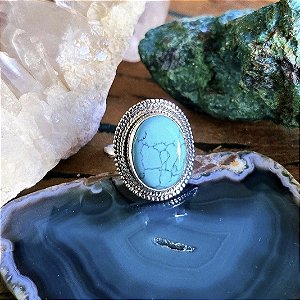 Anel Boho Oval em Prata 925 e Howlita Turquesa