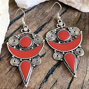 Brinco Boho Grande em Alpaca e Coral Sintético (Gancho em Prata 925)