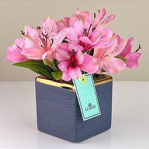 Mini cachepot azul com astromelia pink