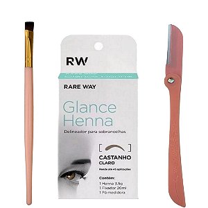 Kit Henna de sobrancelha Profissional Glance Rare Way com Pincel chanfrado e Navalha