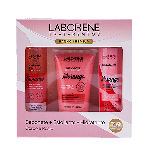 KIT BANHO PREMIUM SABONETE + ESFOLIANTE + HIDRATANTE - MORANGO / LABORENE