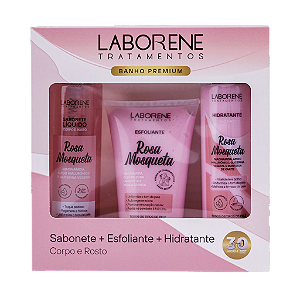 KIT BANHO PREMIUM SABONETE + ESFOLIANTE + HIDRATANTE - ROSA MOSQUETA / LABORENE