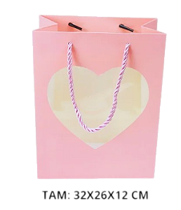 SACOLA DE PAPEL PARA PRESENTE COM CORÇÃO 32X26X12CM