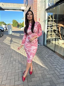 VESTIDO MIDI FEMININO FLORAL ROSA BEBÊ