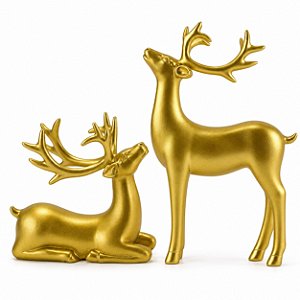 Par Esculturas Cervos Decorativos Dourados Em Resina Enfeite Sala Rena Natal