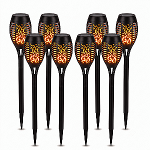 Kit 8 Luminárias Solares de Jardim Tocha Efeito Chama, 12 LEDs Luz Quente, À Prova d'Água, Acendimento Automático