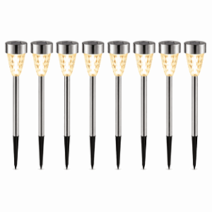 Kit 8 Luminárias Solares Balizador em Aço Inox com Difusor de Cristal para Jardim Luz Amarela Sem Fiação