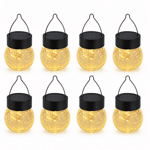 Kit 8 Luminárias Solares Pendentes com Globo de Vidro Craquelado | Efeito Decorativo Boho para Jardim e Pergolado