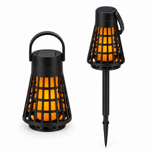 Luminária Solar 2 em 1 Balizador Jardim Tocha de Solo e Lanterna Portátil LED Efeito Chama Alça Integrada