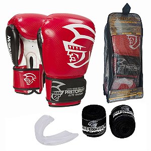 Kit Boxe Muay Thai Pretorian Elite Luva 12 OZ Vermelha e Preta + Bandagem + Protetor Bucal