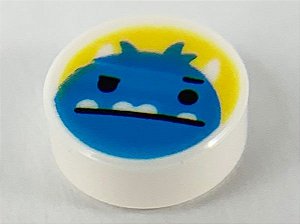 Placa Lisa Redonda 1x1 com desenho de monstro azul branca