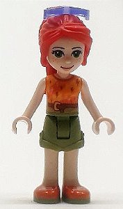 Minifigura Lego Friends - Mia com Short Verde Oliva e Blusa Laranja