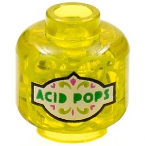 Cabeça sem Rosto com desenho de etiqueta "ACID POPS" translúcida amarela