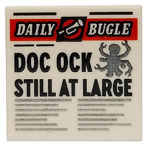 Placa Lisa 2x2 com jornal 'DAILY BUGLE' e padrão 'DOC OCK STILL AT LARGE' branca
