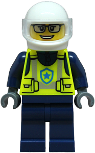 Minifigura  Policial Municipal, Colete de Segurança Amarelo Neon, Pernas Azul Escuro, Capacete Branco, Viseira Transparente