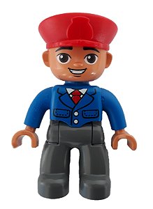 Boneco Lego Duplo Masculino Condutor do Trem com casaco azul com gravata, chapéu vermelho