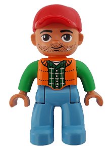 Boneco Lego Duplo Masculino Colete Laranja, Camisa Xadrez Verde Escuro, Boné Vermelho