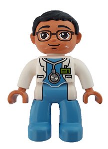 Boneco Lego Duplo Masculino Médico Masculino, Jaleco Branco, Estetoscópio, Óculos, Cabelo Preto