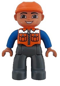 Boneco Lego Duplo Calça Cinza Camisa Azul e Colete laranja com Capacete Laranja