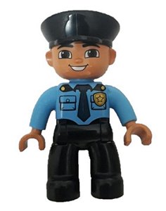 Boneco Lego Duplo Policial Masculino, Pernas Pretas, Top Azul Médio com Distintivo, Chapéu Preto