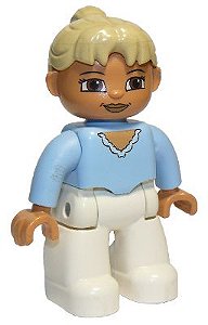 Boneca Lego Duplo Mulher Pernas Brancas Camisa Azul Clara