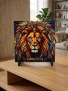 Azulejo Estampa Leão de Judá Salmo 27:14 15x15cm com Suporte de Mesa