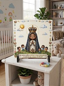 Azulejo Estampa Nossa Senhora Proteja as Crianças 15x15cm com Suporte de Mesa