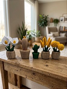 Vasinhos Decorativos Cacto e Flores com Textura Croche