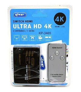 Switch HDMI Ultra HD 4K 3 Entradas / 1 Saída KP-3465