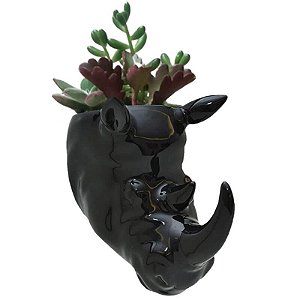 Vaso de Parede Cachepot Rinoceronte Preto Porcelana