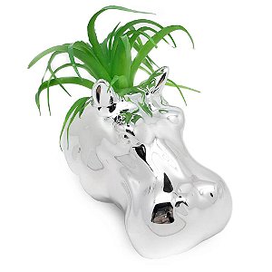 Vaso de Parede Cachepot Hipopótamo Prateado Porcelana - Grande