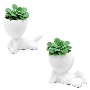 Kit 2 Vasos Cachepô em Cerâmica Homenzinho Deitado - Branco