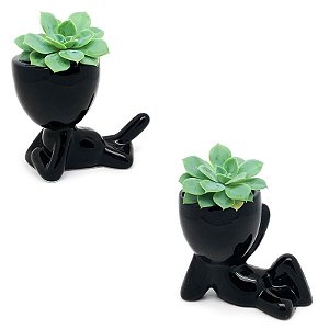 Kit 2 Vasos Cachepô em Cerâmica Homenzinho Deitado - Preto