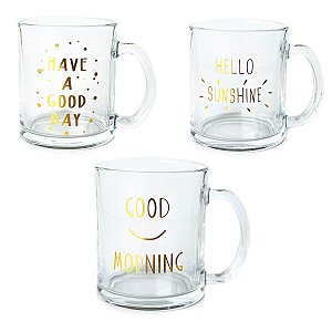 Kit 3 Canecas de Vidro - Estampa Dourada