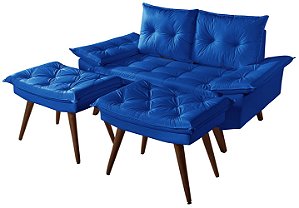 Sofá Courino Azul Marinho Dois Lugares Bariloche Com Duas Banquetas