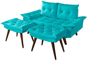 Sofá Courino Azul Turquesa Dois Lugares Bariloche Com Duas Banquetas