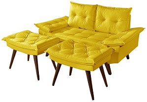 Sofá Courino Amarelo Dois Lugares Bariloche Com Duas Banquetas Rubi