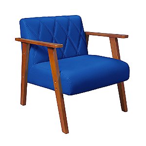 Poltrona Madri Decorativa Para Sala, Recepção Courino Azul Marinho em Madeira
