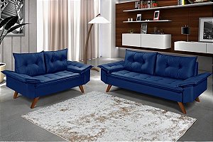 Jogo de Sofá Bariloche 2 e 3 Lugares em Suede Azul Marinho
