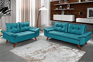 Jogo de Sofá Bariloche 2 e 3 Lugares em Suede Azul Turquesa