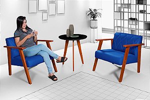 Conjunto 2 Poltronas Madri em Courino Azul Marinho Com Mesinha Preta