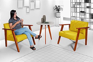 Conjunto 2 Poltronas Madri em Courino Amarelo Com Mesinha Gelo
